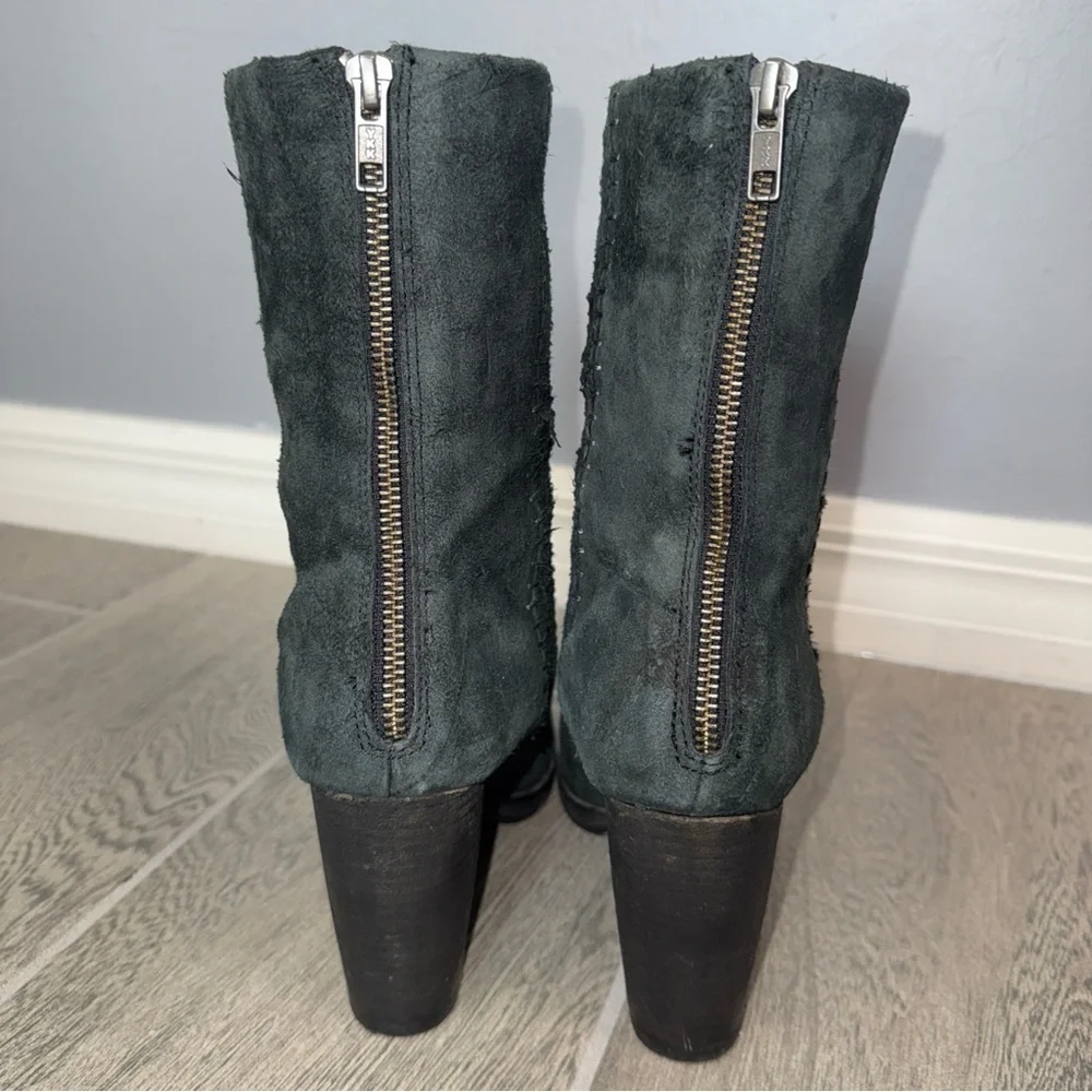 Free People Faded Black Suede Boots Distressed Leather Mid‎ Calf Heel US 8 (39)
